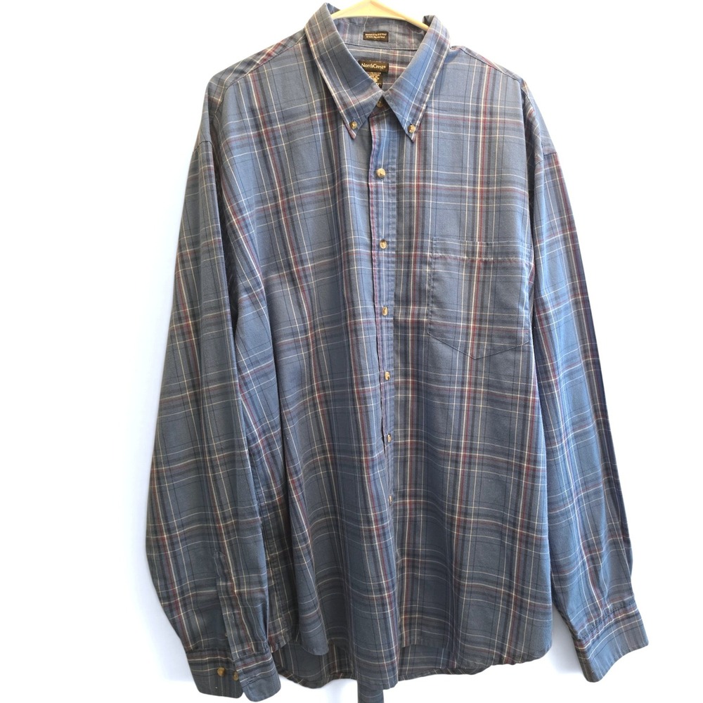 NorthCrest Plaid Long Sleeve Button Down Men's XLT Blue Wrinkle Stain Resistant